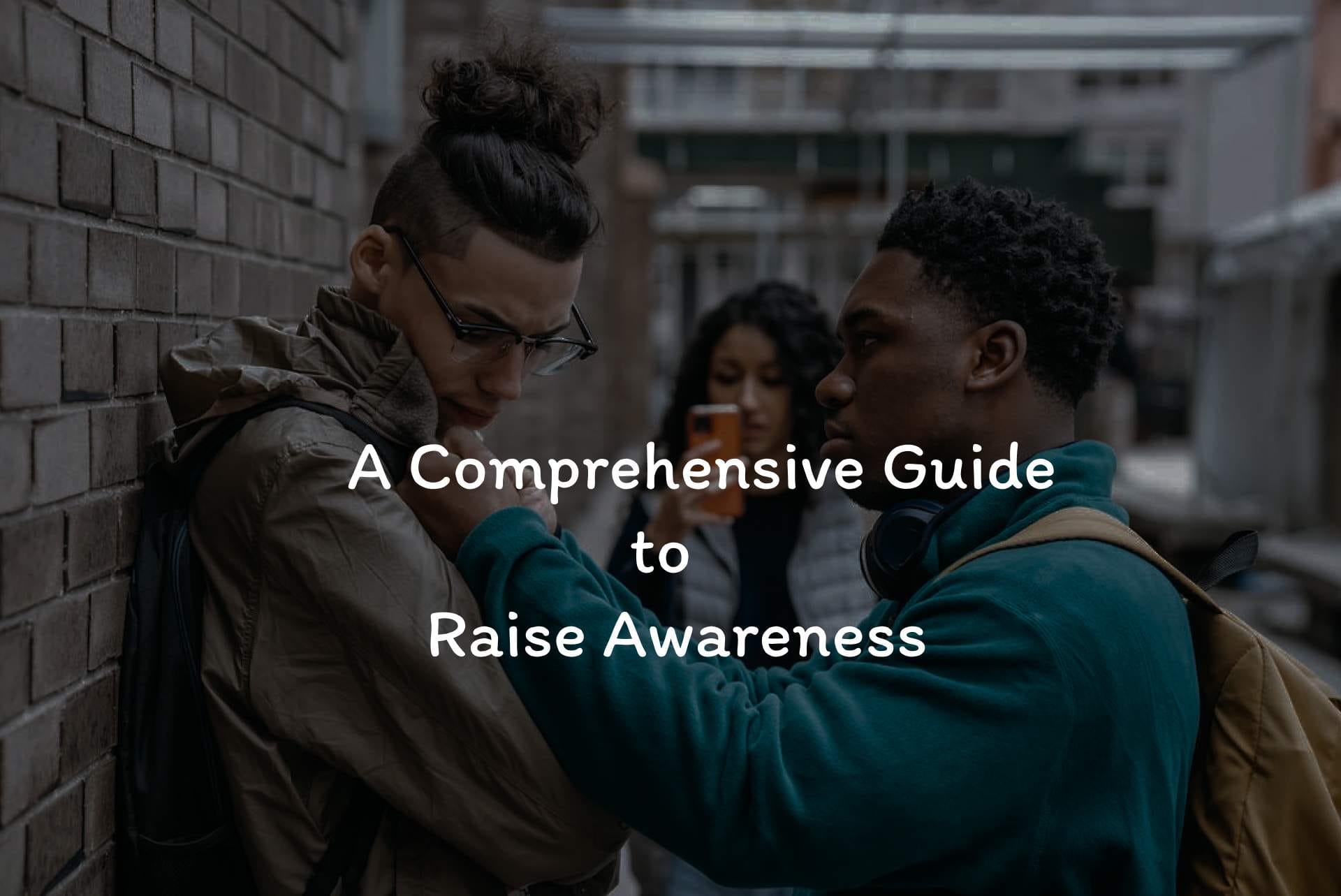 Official UJ bullying awareness image: a tense confrontation in an alley while a bystander looks at a phone